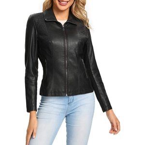 Women Faux Leather Jacket Soft Snap Button Down Shirt Shacket with Pocket